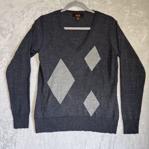 Victor Alfaro Wool Argyle Diamond V Neck Sweater Womens Med Grey Academic Preppy